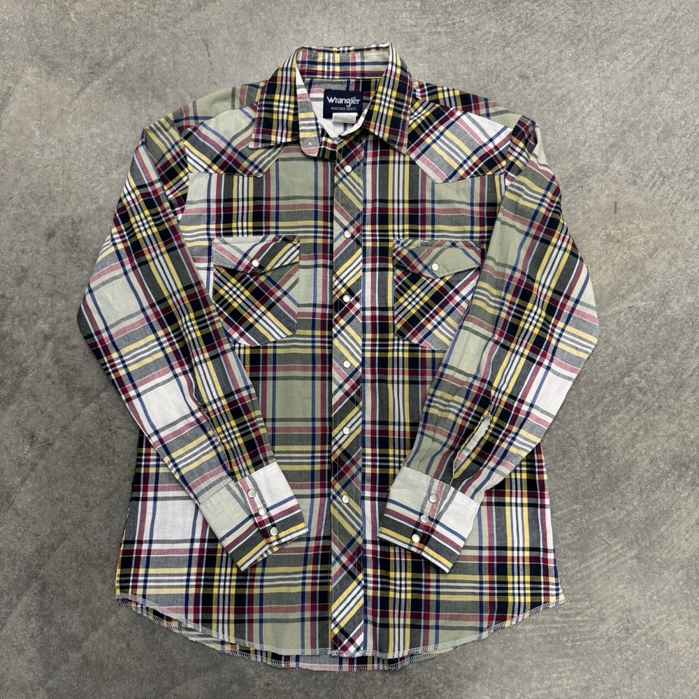 Wrangler Western Shirts Medium M Button Up Long Sleeve Pearl Snap Plaid Cowboy